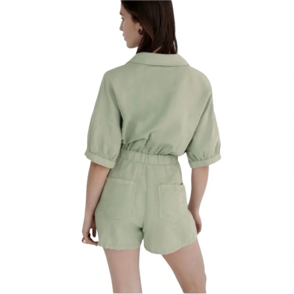 ZARA Linen Green Shirt Short Style Jumpsuit Romper Patch Pockets Utility